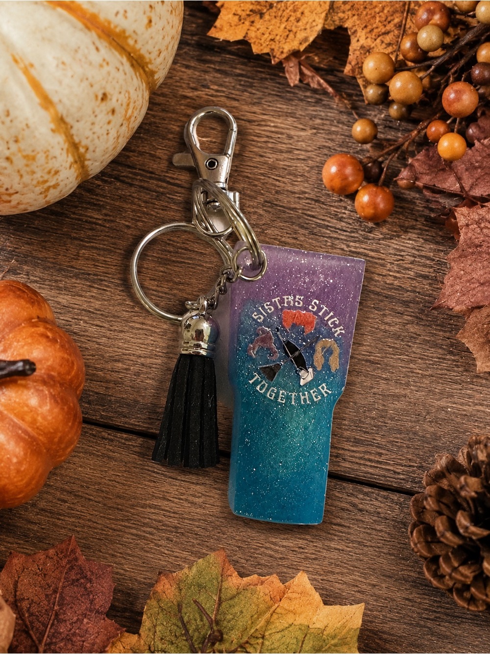 Sisters stick together Purple & Teal Keychain/ charm with tassel